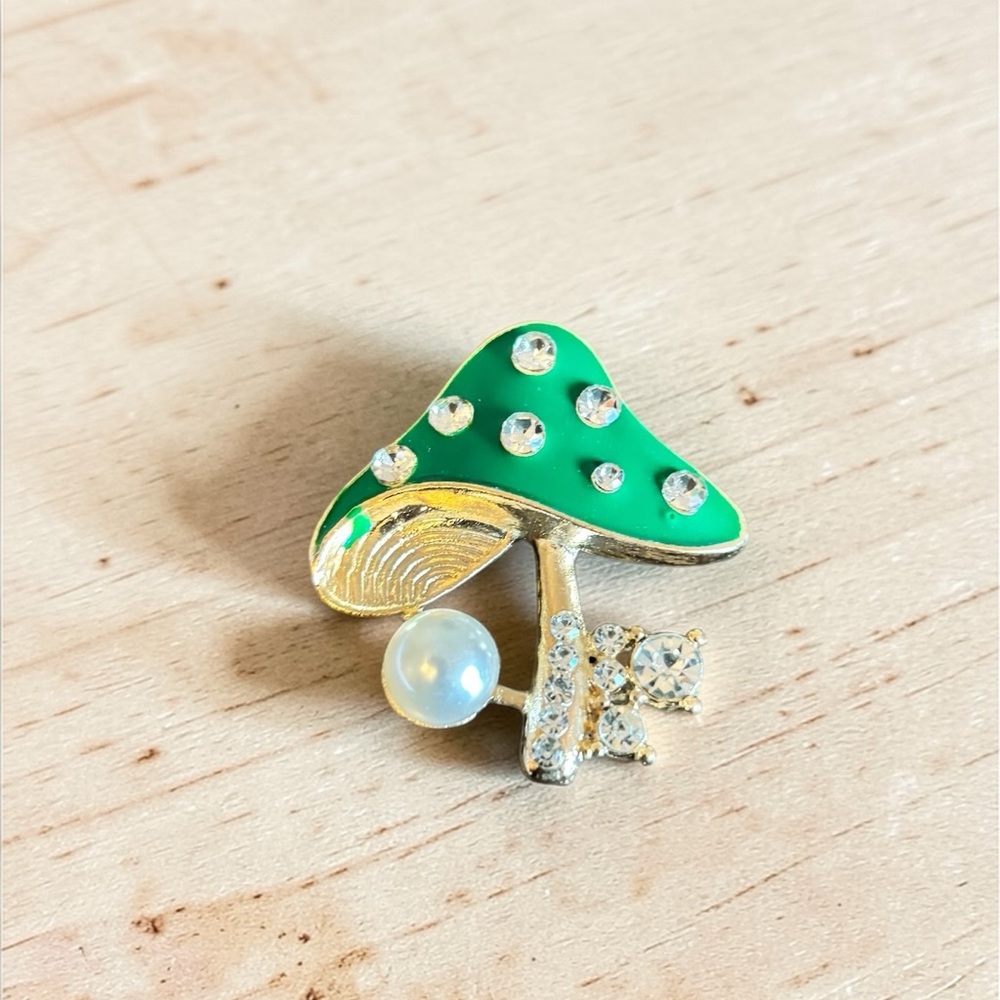 Mint Green Enamel Mushroom Brooch with Faux Pearl &‎ Rhinestones
